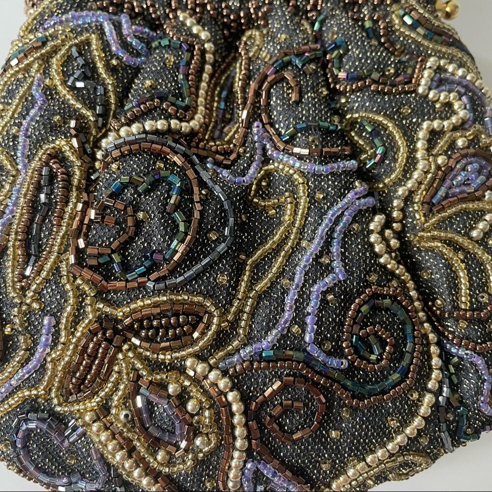 Vintage 1980s Beaded Evening Bag Kisslock Chain Strap Brown Purple Gold EUC - Picture 8 of 12